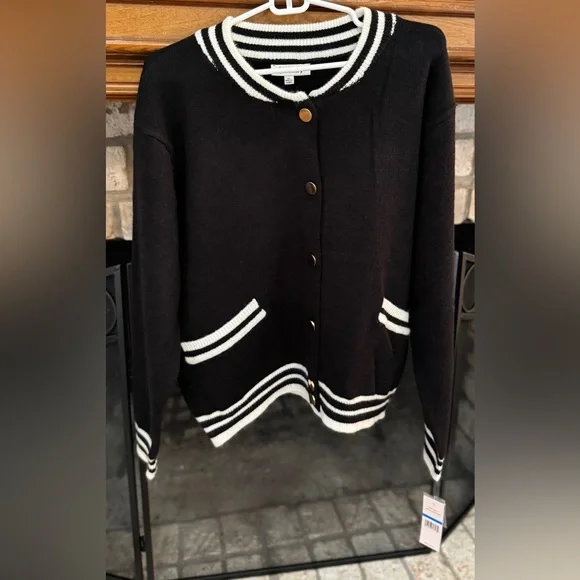 Nanette Lepore Black & Cream Varsity Cardigan Sweater Size XL NWT - Picture 4 of 11